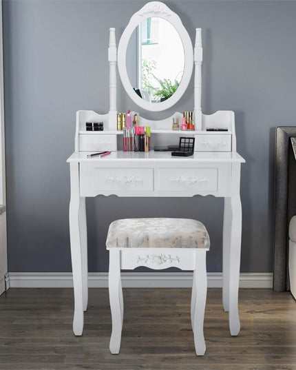 Giantex White Vanity Table Set with Oval Mirror and 4 Drawers