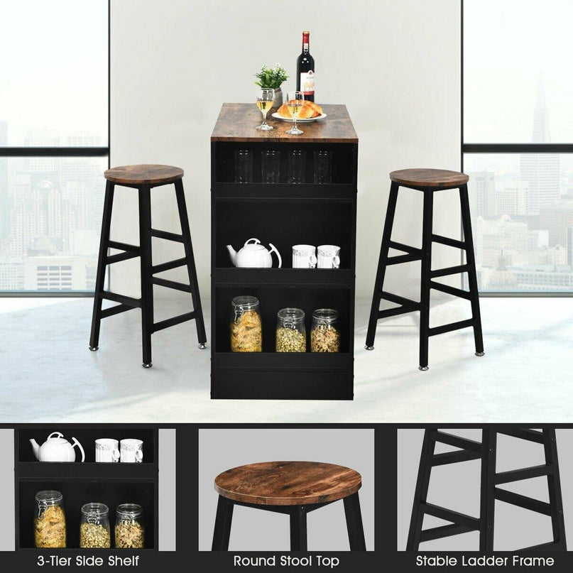 3 Piece Pub Dining Set, Wooden Counter Height Table Set with 2 Bar Stools (Brown) - Giantexus