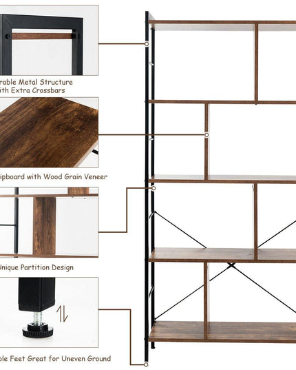 4-Tier Bookshelf, Industrial Style Bookcase with Metal Frame (Rustic Brown) - Giantexus