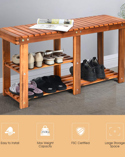 Giantex 2-Tier Shoe Bench Entryway Shoe Rack with Seat, Wood Organizer for Hallway, Bathroom