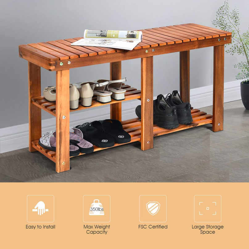 Giantex 2-Tier Shoe Bench Entryway Shoe Rack with Seat, Wood Organizer for Hallway, Bathroom
