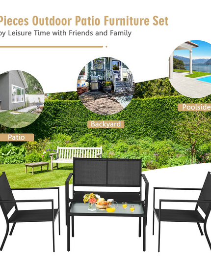 Giantex 4 Pieces Patio Furniture Set, Outdoor Conversation Set, Loveseat Bench with 2 Patio Chairs & Tempered Glass Coffee Table