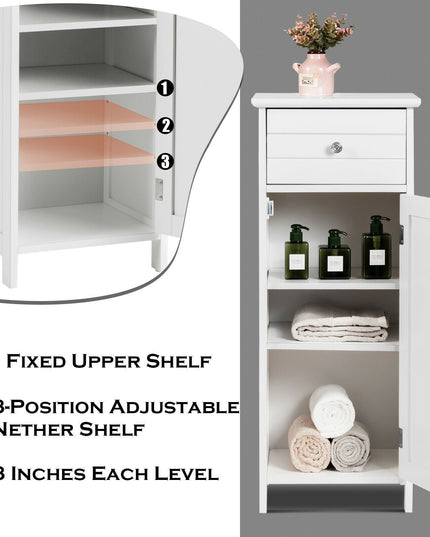 Bathroom Floor Storage Cabinet with Adjustable Shelf & Large Drawer