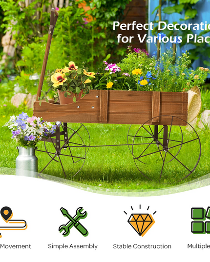 Giantex Decorative Garden Planter, Small Wagon Cart with Metal Wheels, Wood Raised Beds Plant Pot Stand for Backyard Garden Patio 24.5"x13.5"x24"