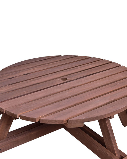 Giantex Wooden Picnic Table Set with Wood Bench, 4 Adults or 8 Kids Outdoor Round Table with Umbrella Hold Design