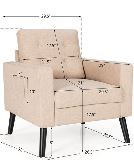 Linen Fabric Armchairs with Side Pockets and Wood Legs, Set of 2 - Giantex