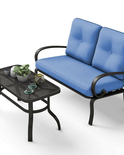 2 Pcs Patio Loveseat with Coffee Table Outdoor Bench with Cushion and Metal Frame