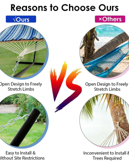 12Ft Hammock with Stand, 2 Person Heavy-Duty Steel Hammock Stand, 450 lbs Capacity (Blue and Beige Striped) - Giantexus