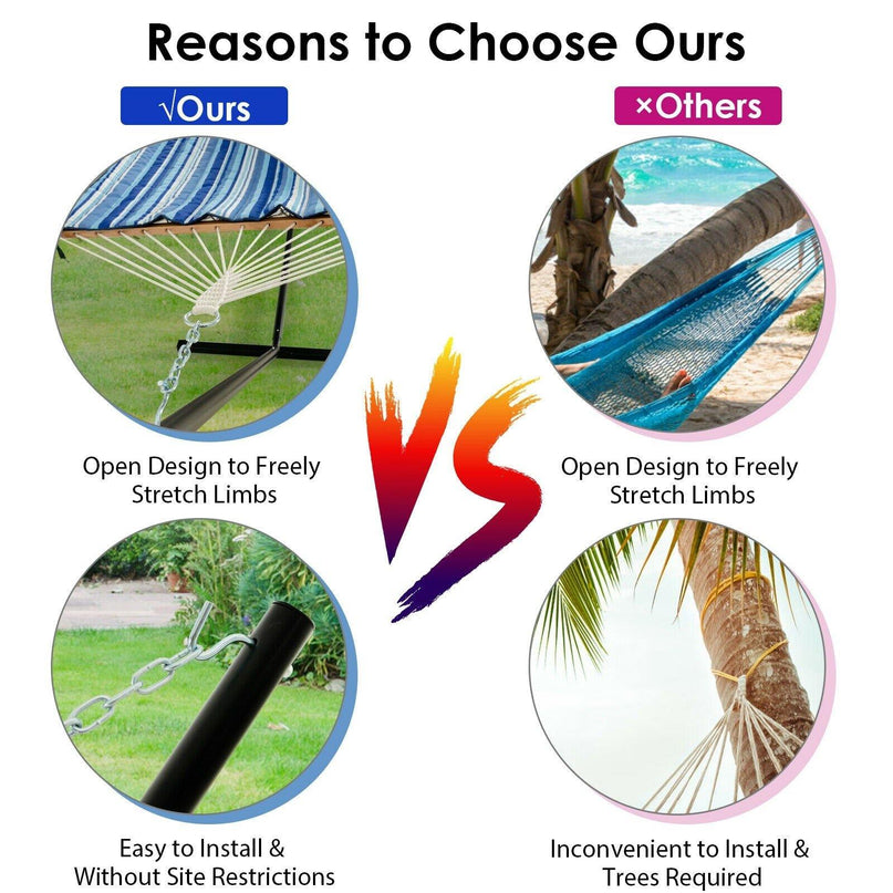 12Ft Hammock with Stand, 2 Person Heavy-Duty Steel Hammock Stand, 450 lbs Capacity (Blue and Beige Striped) - Giantexus