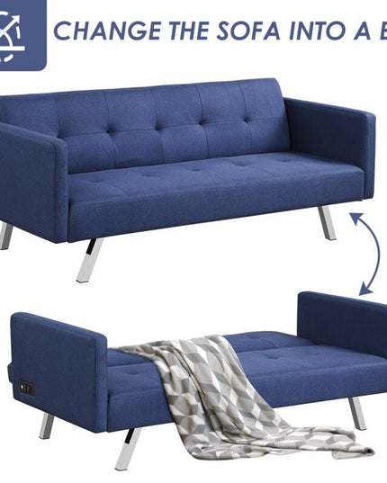 Convertible Futon Sofa, Modern 3 Seat Sofa Bed with USB and Power Strip