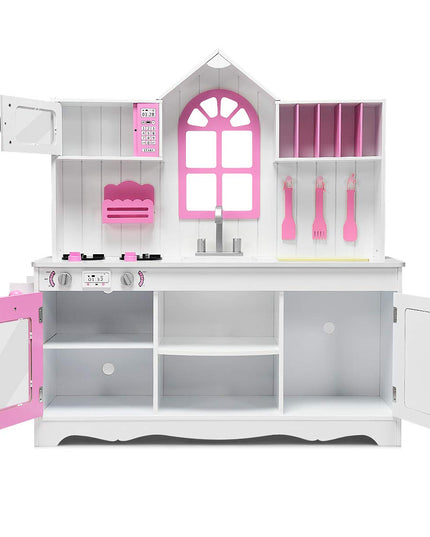 Giantex Wood Play Kitchen, Pink Kids Kitchen Playset for Toddlers