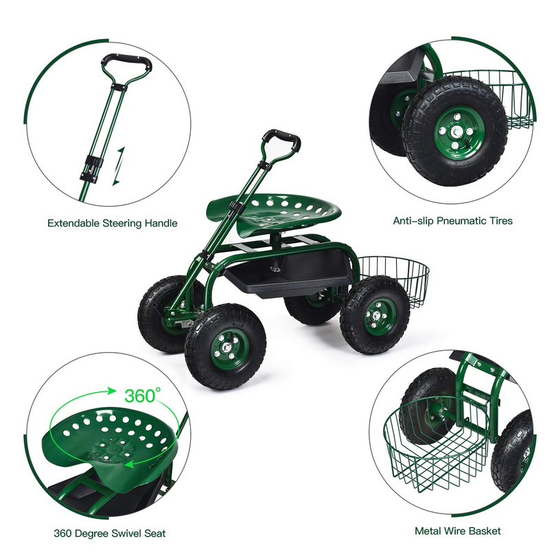 4-Wheel Garden Workseat with Storage Basket - Giantex