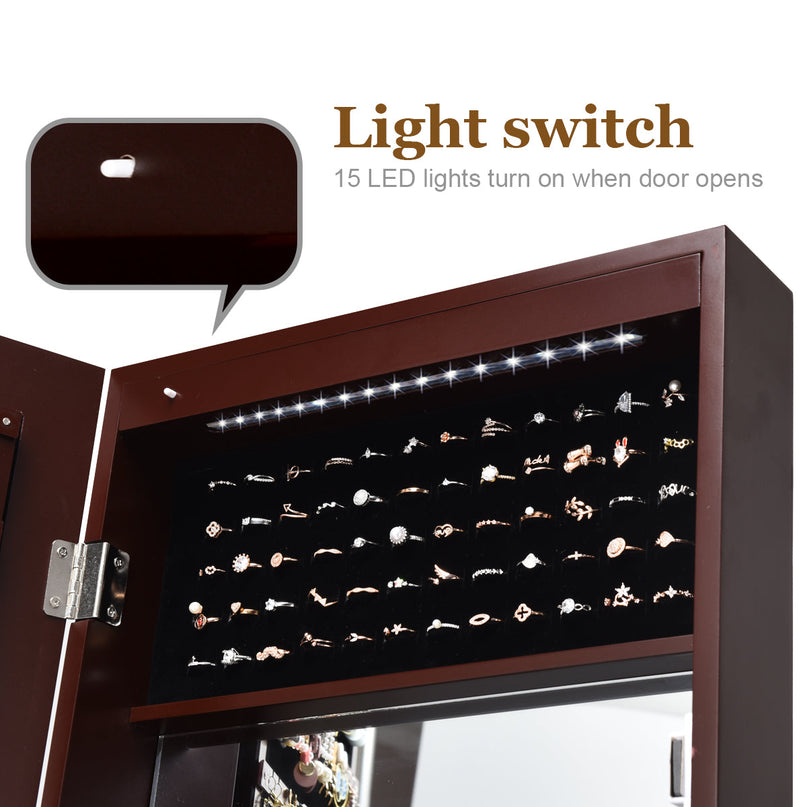 15 LEDs Wall Door Mounted Jewelry Armoire with Mirror - Giantex