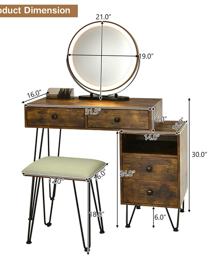 CHARMAID Vanity Set with 3 Colors Lighted Mirror, Left or Right Side Cabinet