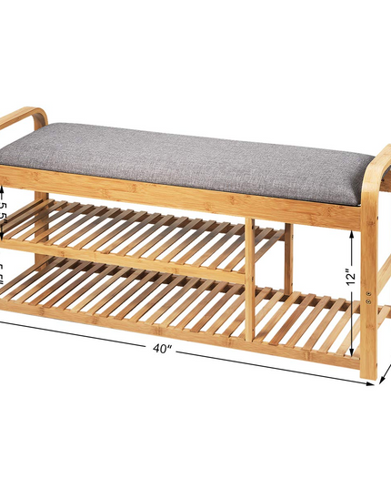 Giantex Shoe Rack Bench, Entryway 3-Tier Bamboo Shoe Organizer with Cushion (Natural and Grey)