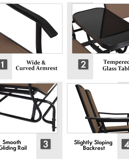 Giantex 2 Person Outdoor Double Glider Chair, Mesh Fabric Rocking Chair w/Center Tempered Glass Table