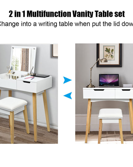 CHARMAID Vanity Table with Flip Top Mirror and Cushioned Stool, White - Giantexus
