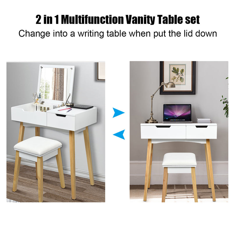 CHARMAID Vanity Table with Flip Top Mirror and Cushioned Stool, White - Giantexus