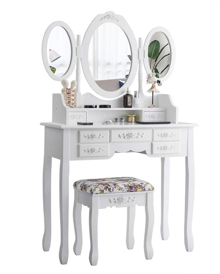 Vanity Set with Tri-Folding Mirror and Cushioned Stool - Giantex