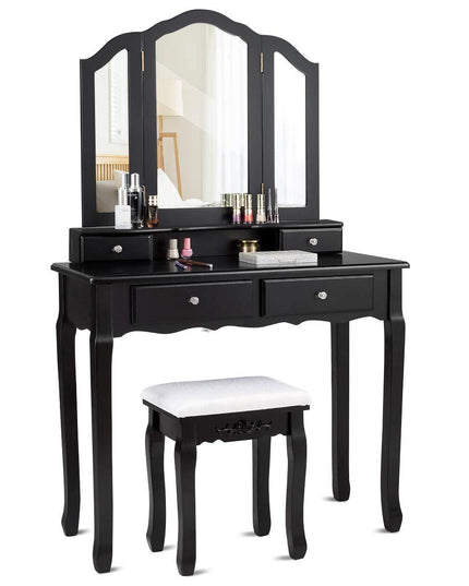 Vanity Set with Tri-Folding Mirror and 4 Drawers Makeup Dressing Table - Giantexus