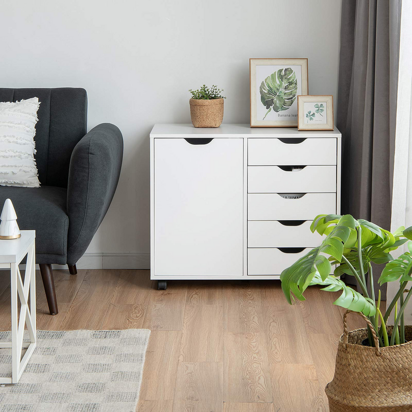 Giantex Drawers Cabinet Mobile Lateral Filing Organizer with 5 Drawers,1 Side Cabinet and Wheels Mobile Side Cabinet Chest