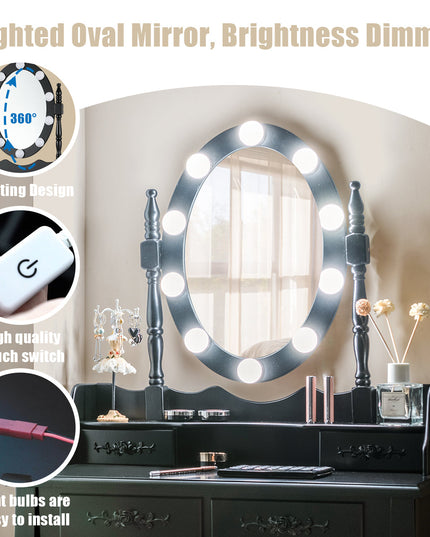Makeup Dressing Table w/Lighted Oval Mirror and Touch Switch
