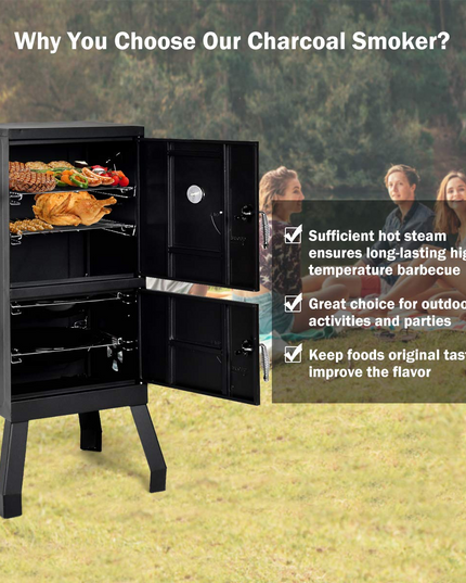 Giantex Outdoor Smoker with Double Doors, 2 Detachable Grill Netting Smoking Racks