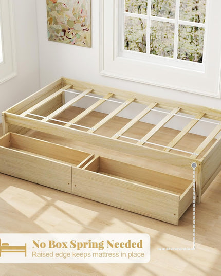 Giantex Twin Bed Frame with 2 Storage Drawers, Solid Wood Platform Bed with Slats Support