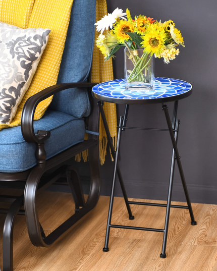 Giantex Folding Mosaic Patio Table, 14'' Outdoor Side Table Round Accent Table Plant Stand with Ceramic Tile Top