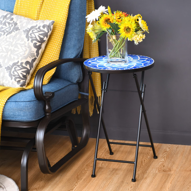 Giantex Folding Mosaic Patio Table, 14'' Outdoor Side Table Round Accent Table Plant Stand with Ceramic Tile Top