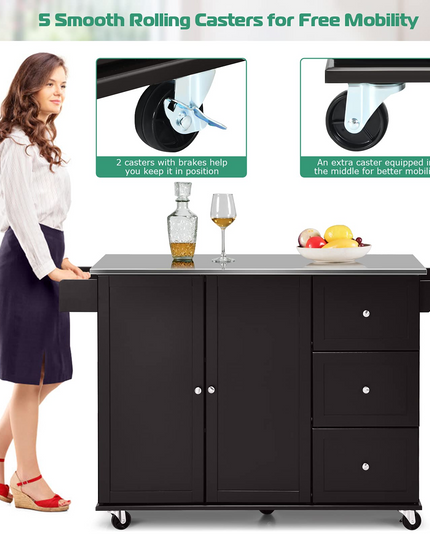 Giantex Kitchen Island with Stainless Steel Countertop, Dark Brown