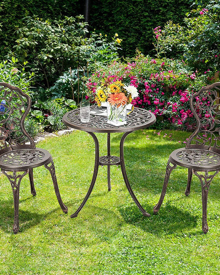 3 Piece Bistro Set Cast Leaf Design Antique Outdoor Patio Furniture Weather Resistant Garden Round Table and Chairs (Leaf Design) - Giantexus