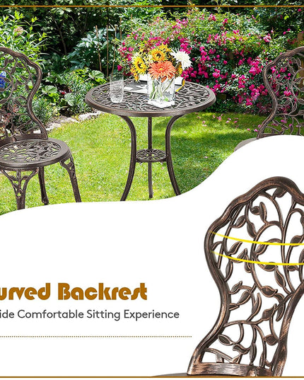 3 Piece Bistro Set Cast Leaf Design Antique Outdoor Patio Furniture Weather Resistant Garden Round Table and Chairs (Leaf Design) - Giantexus