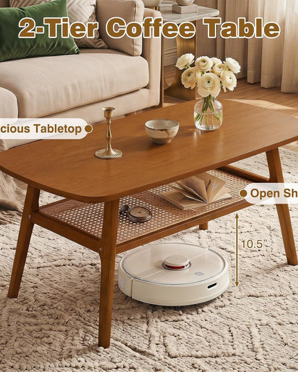 Giantex Rattan Coffee Table, 39.5" Wood Center Table with Storage & Solid Rubber Wood Legs
