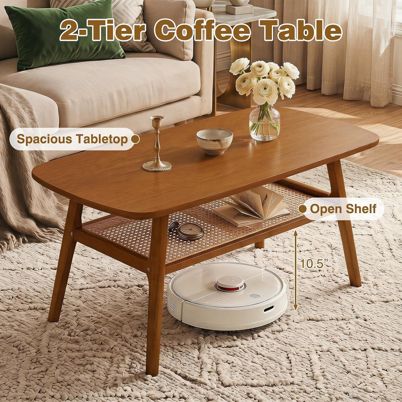 Giantex Rattan Coffee Table, 39.5" Wood Center Table with Storage & Solid Rubber Wood Legs