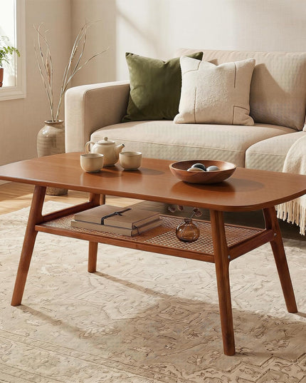 Giantex Rattan Coffee Table, 39.5" Wood Center Table with Storage & Solid Rubber Wood Legs