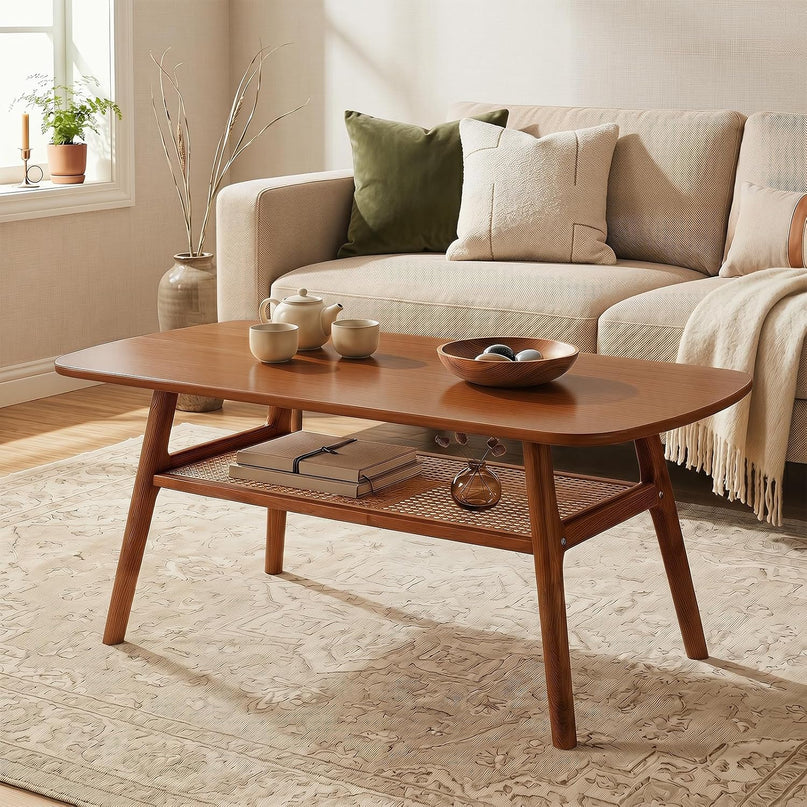 Giantex Rattan Coffee Table, 39.5" Wood Center Table with Storage & Solid Rubber Wood Legs