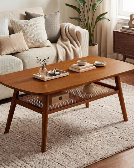 Giantex Rattan Coffee Table, 39.5" Wood Center Table with Storage & Solid Rubber Wood Legs