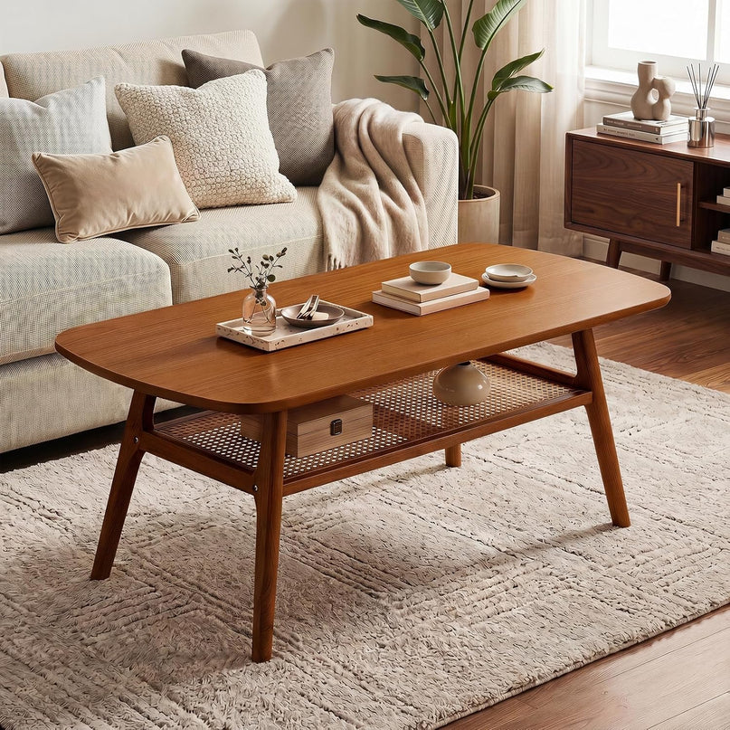 Giantex Rattan Coffee Table, 39.5" Wood Center Table with Storage & Solid Rubber Wood Legs