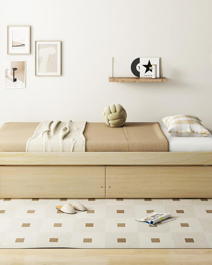 Giantex Twin Bed Frame with 2 Storage Drawers, Solid Wood Platform Bed with Slats Support