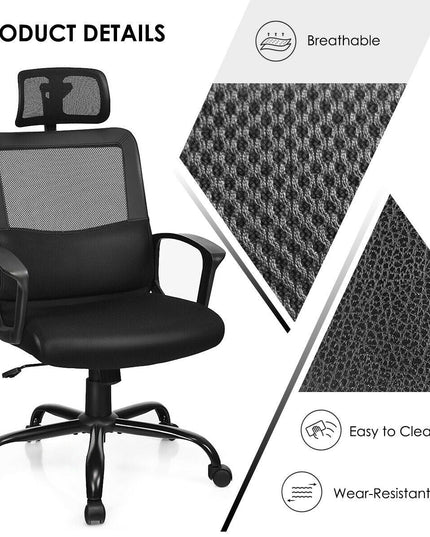 Mesh Office Chair, Swivel Computer Task Chair, Adjustable Armrests (Black)