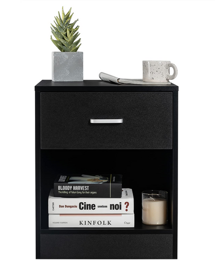 Giantex Nightstand w/Drawer, 2-Tier Wooden Bedside Table, Black