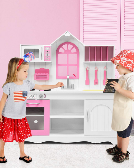 Giantex Wood Play Kitchen, Pink Kids Kitchen Playset for Toddlers