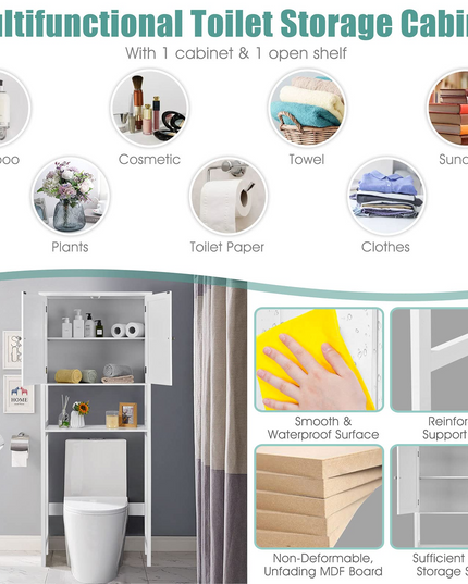 Giantex Over The Toilet Storage Cabinet W/ 2-Door Cabinet, Open Shelf, 3-Positon Adjustable Shelf