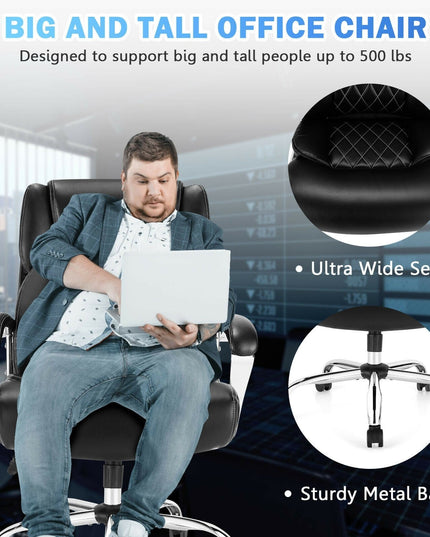 500LBS Leather Office Chair, Height Adjustable Big and Tall Executive Chair - Giantexus