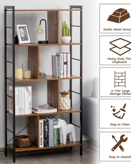 4-Tier Bookshelf, Industrial Style Bookcase with Metal Frame (Rustic Brown) - Giantexus
