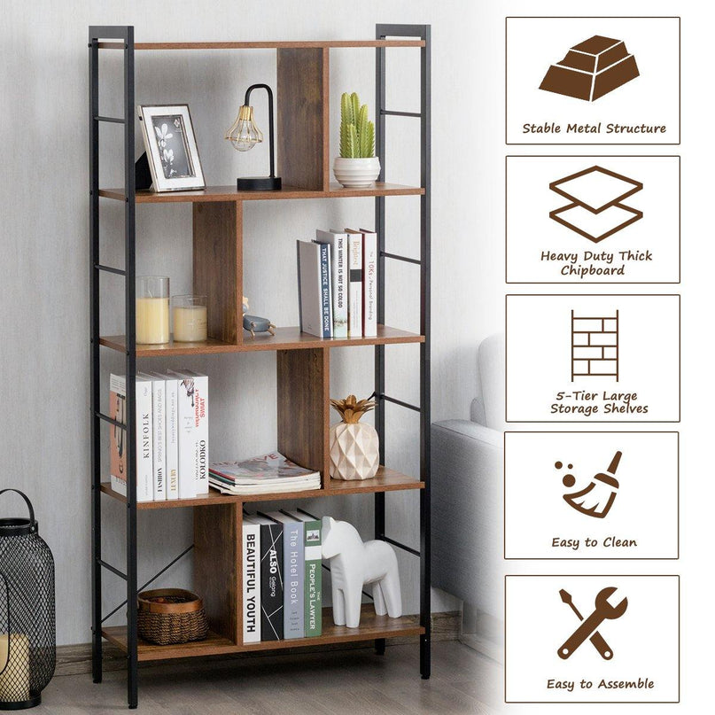 4-Tier Bookshelf, Industrial Style Bookcase with Metal Frame (Rustic Brown) - Giantexus