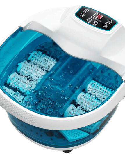 Giantex Foot Spa Bath Massager with Heat Bubbles, 6 Motorized Massage Rollers, Fast Heating, Red Light, Adjustable Temperature & Time (Blue/White) - Giantexus