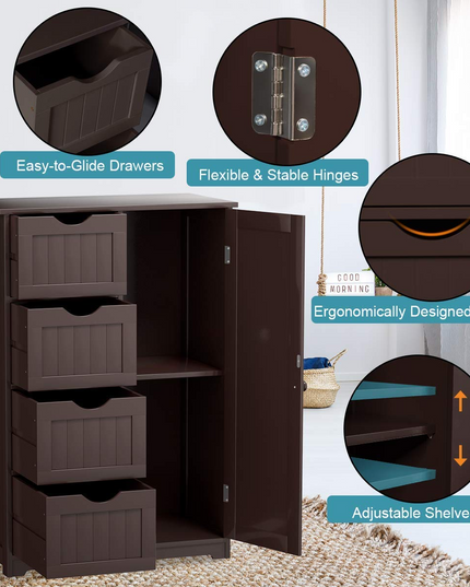 Giantex Bathroom Floor Cabinet Wooden with 1 Door & 4 Drawer
