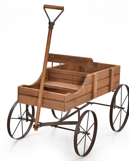 Giantex Decorative Garden Planter, Small Wagon Cart with Metal Wheels, Wood Raised Beds Plant Pot Stand for Backyard Garden Patio 24.5"x13.5"x24"